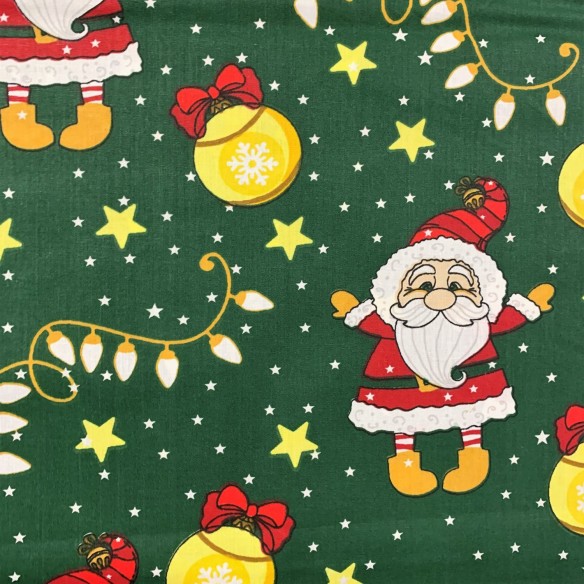 Tela de algodón - Papá Noel navideño y luces navideñas Verde