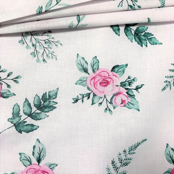 Tela de algodón - Rosas rosas con helecho