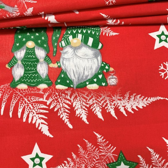 Tela de algodón - Gnomos rojos navideños y patines