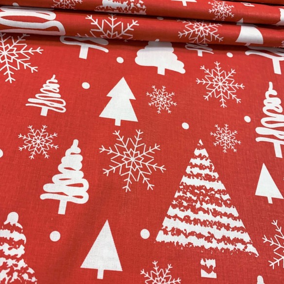 Tela de algodón - Árboles de Navidad, blanco sobre rojo