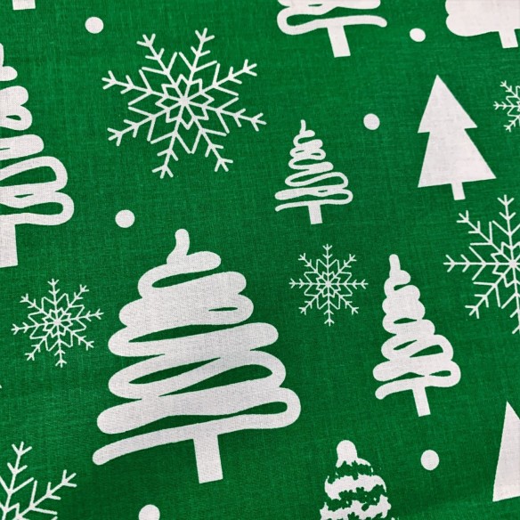 Tela de algodón - Árboles de Navidad, blanco sobre verde