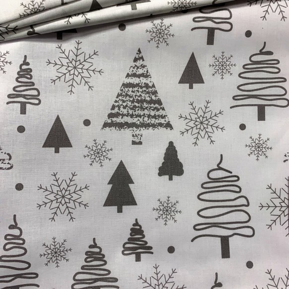 Tela de algodón - Árboles de Navidad gris sobre blanco