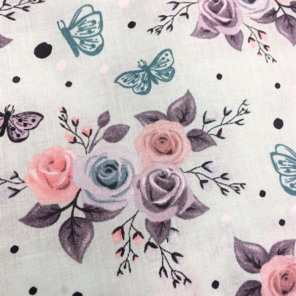 Tela de algodón - Rosas y mariposas de colores sobre menta