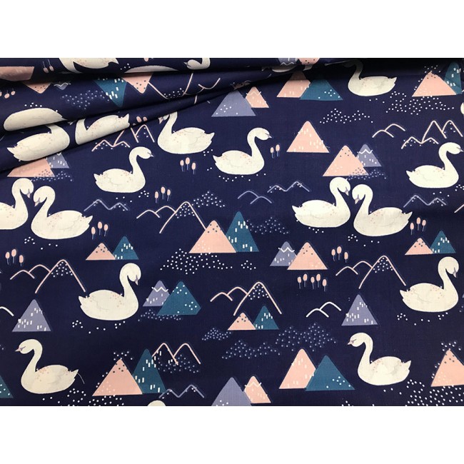Tela de algodón - Cisnes en azul marino