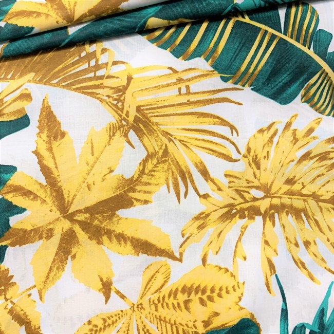 Tela de Algodón - Grandes hojas verde dorado sobre blanco