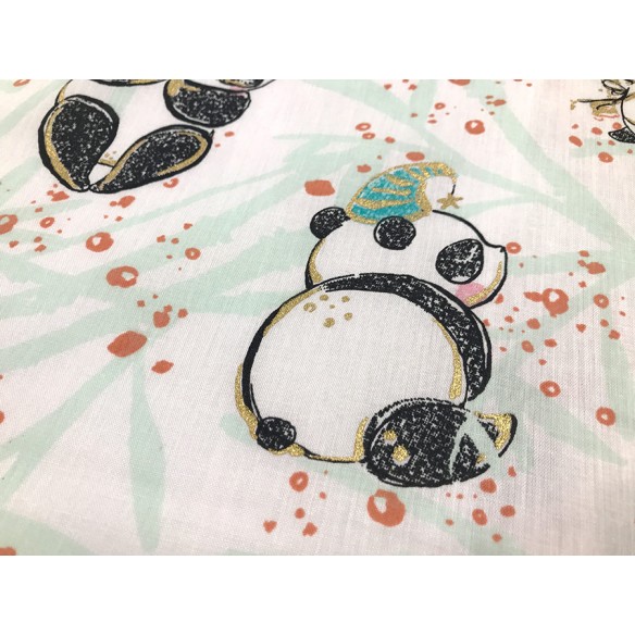Tela de algodón - Pandas con detalles dorados sobre blanco