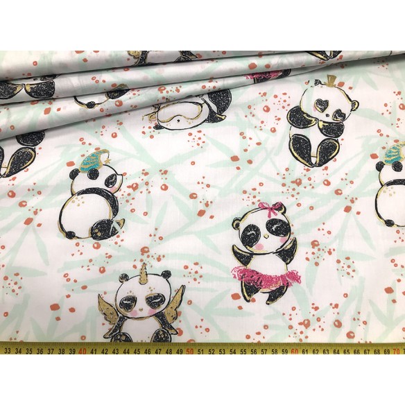 Tela de algodón - Pandas con detalles dorados sobre blanco