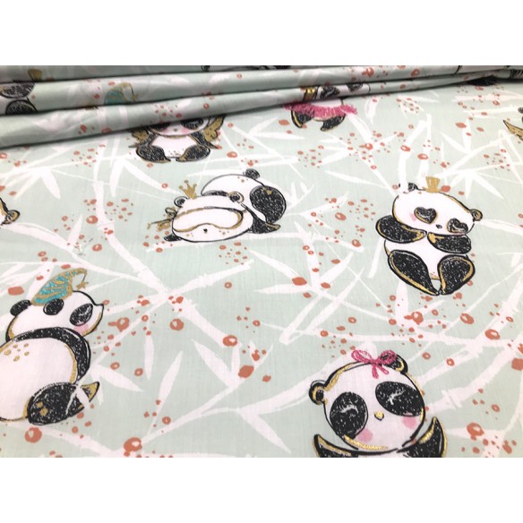 Tela de algodón - Pandas con detalles dorados sobre menta