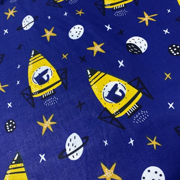 Tela de Algodón - Cohetes, Planetas y Lunas en Azul Marino