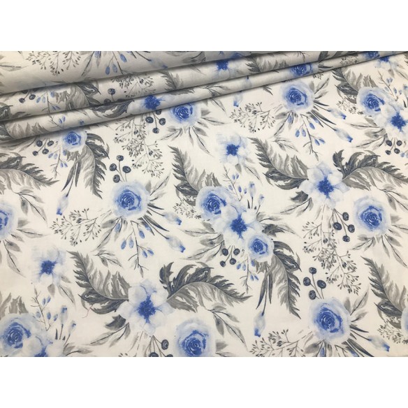 Tela de algodón - Rosas en el jardín azul
