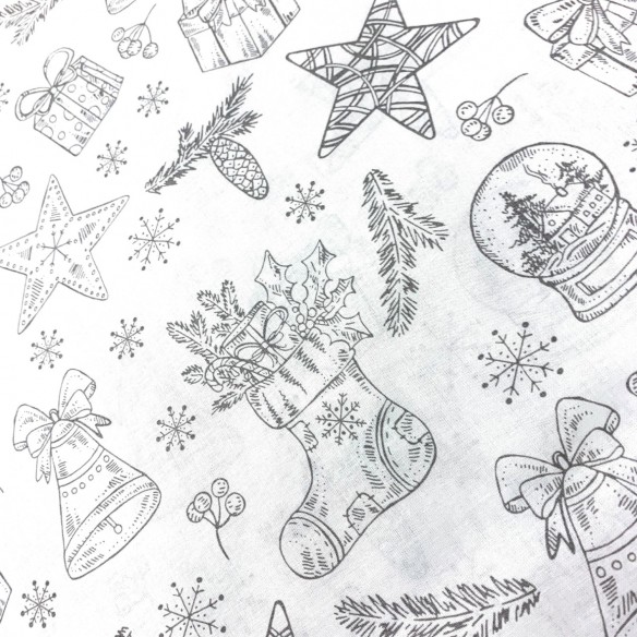 Tela de Algodón - Regalos de Navidad Gris sobre Blanco