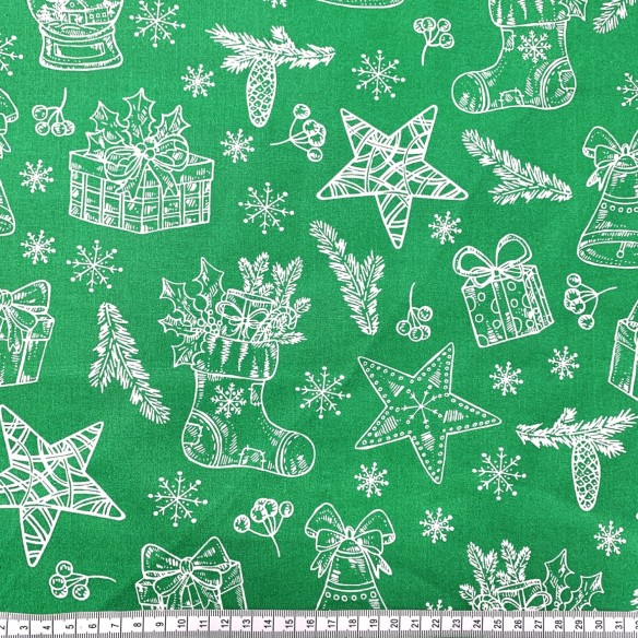 Tela de Algodón - Regalos de Navidad Blanco sobre Verde