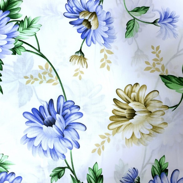 Tela de Algodón 220 cm - Flores Azules y Crudas