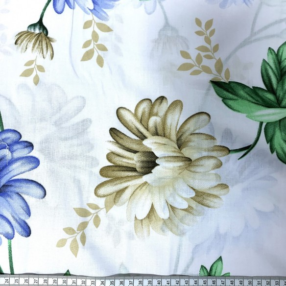 Tela de Algodón 220 cm - Flores Azules y Crudas