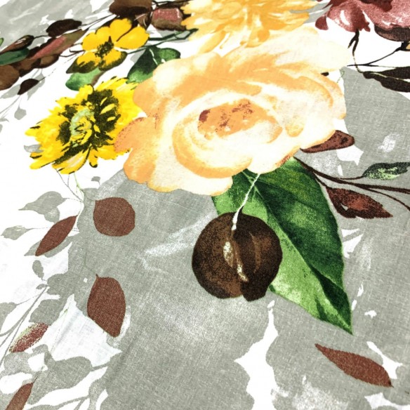 Tela de Algodón 220 cm - Flores, Burdeos y Amarillo