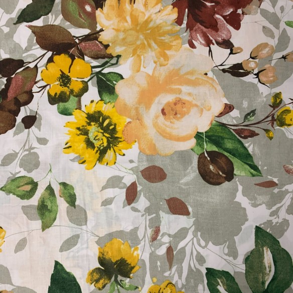 Tela de Algodón 220 cm - Flores, Burdeos y Amarillo