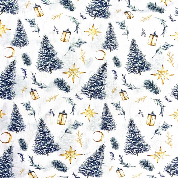 Tela de Algodón - Árboles de Navidad y Estrellas, Blanco