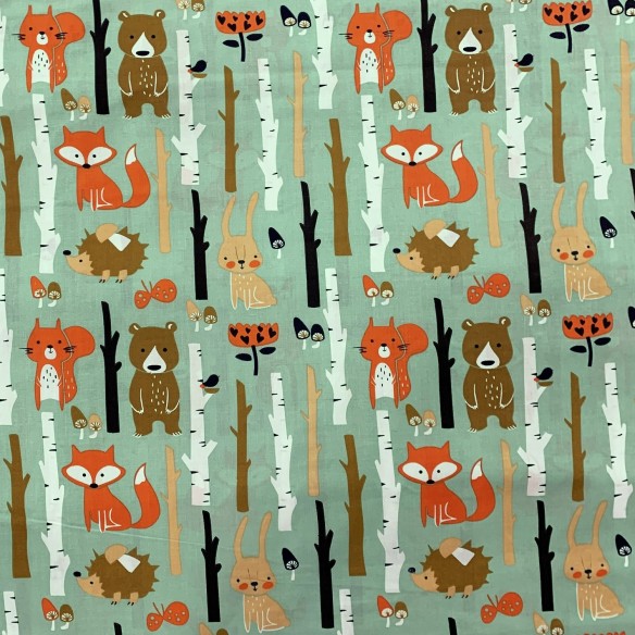 Tela de algodón - Menta Animales del bosque