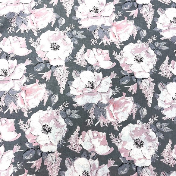 Tela de algodón - Flores de peonía en gris