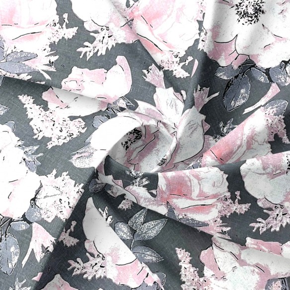 Tela de algodón - Flores de peonía en gris