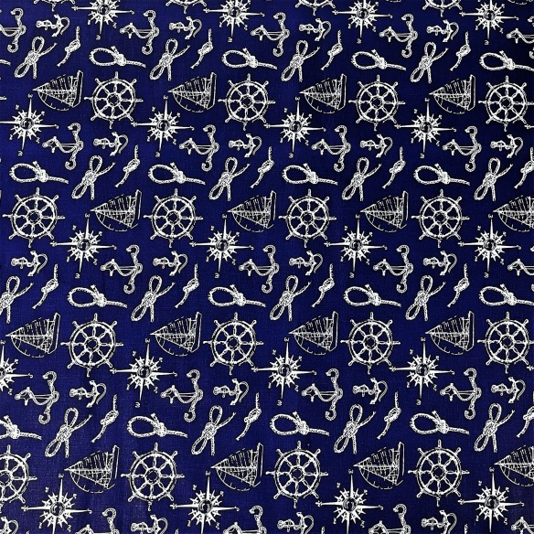 Tela de algodón - Volantes Brújulas y cuerdas Azul marino