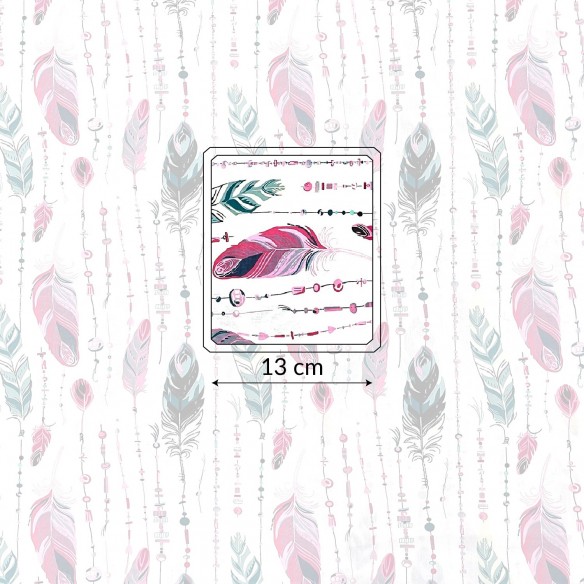Tela de algodón - Plumas y cuentas verde y rosa
