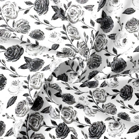 Tela de algodón - Rosas Blanco negro