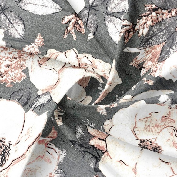 Tela de Algodón 220 cm - Flores Peonias sobre Gris