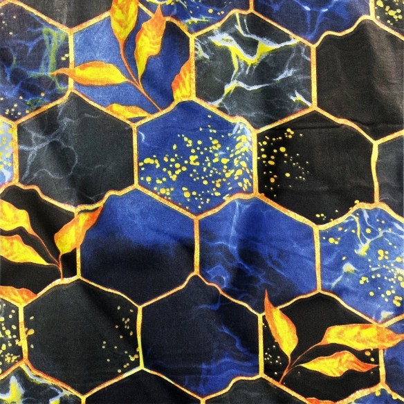 Tela de Algodón 220 cm - Hexágono, Azul y Negro