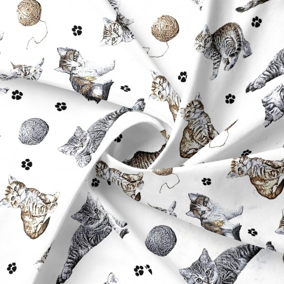 Tela de algodón - Patas de gatos e hilo en blanco