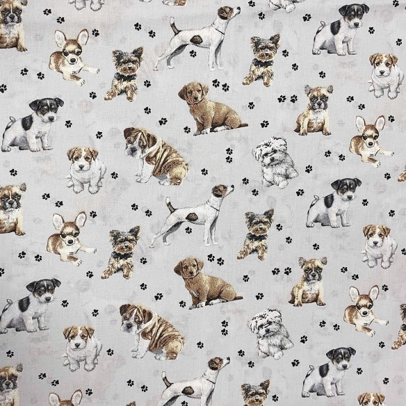 Tela de algodón - Patas de perro sobre fondo gris claro