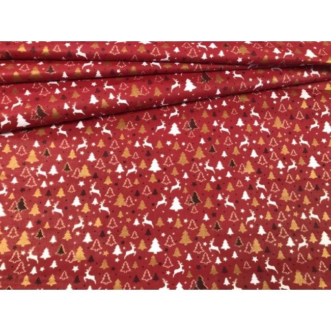 Tela de algodón - Árboles de Navidad y reno rojo