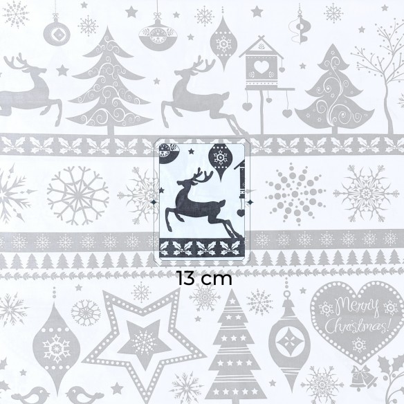 Tela de algodón - Árboles de Navidad y reno gris sobre blanco