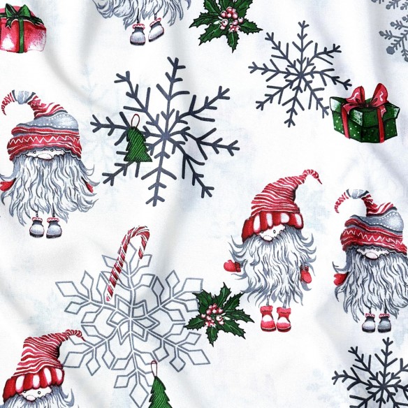 Tela de algodón - Papá Noel navideño y copos de nieve en blanco