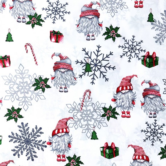 Tela de algodón - Papá Noel navideño y copos de nieve en blanco