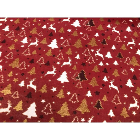 Tela de algodón - Árboles de Navidad y reno rojo