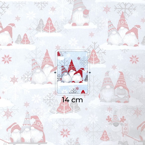 Tela de algodón - Gnomos rojos navideños y copos de nieve sobre gris