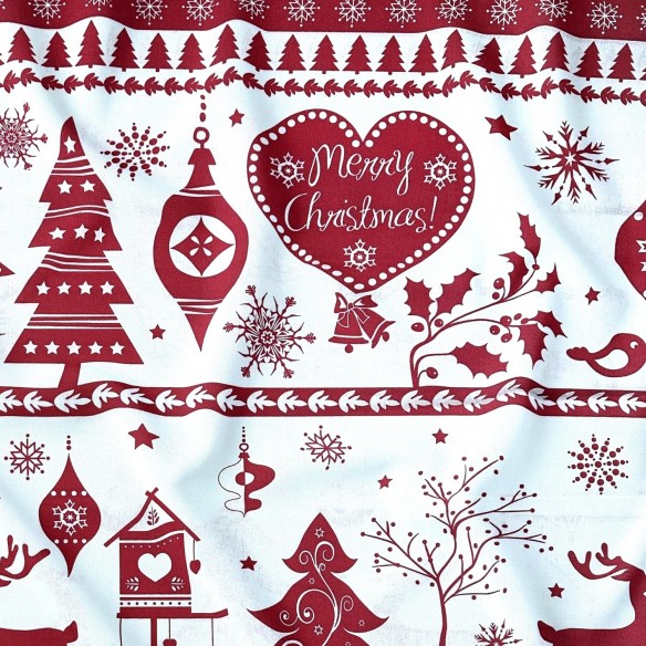 Tela de algodón - Árboles de Navidad y renos rojo sobre blanco