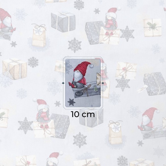 Tela de Algodón - Duendes navideños con regalos y letra sobre gris