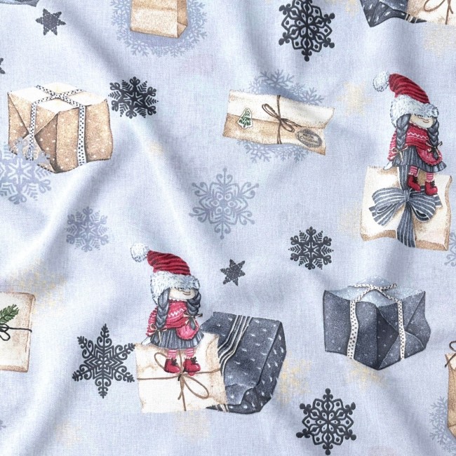 Tela de Algodón - Duendes navideños con regalos y letra sobre gris