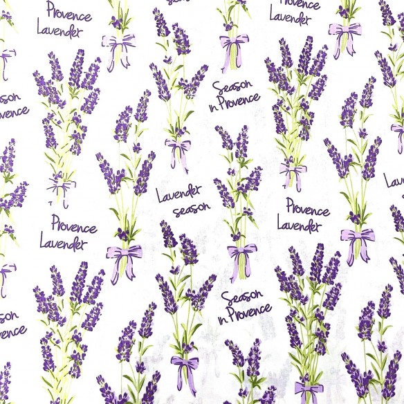 Tela de algodón - Flores de lavanda sobre blanco 220 cm