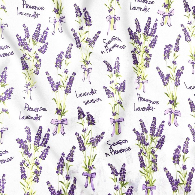 Tela de algodón - Flores de lavanda sobre blanco 220 cm