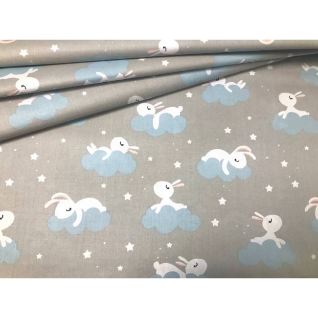 Tela de algodón - Conejitos y nubes en gris