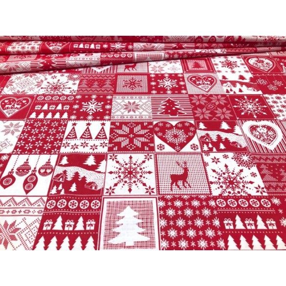 Tela de algodón - Patchwork navideño Azulejos rojo