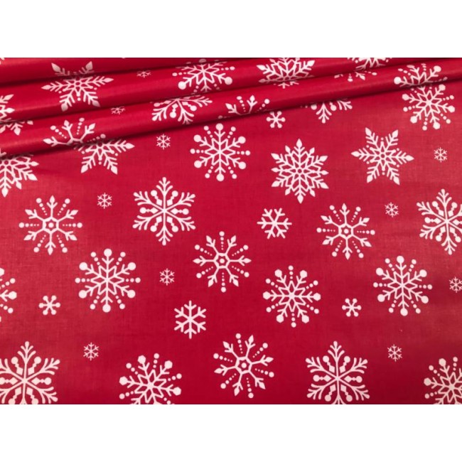 Tela de algodón - Grandes copos de nieve blancos navideños sobre rojo
