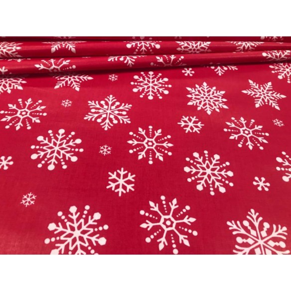 Tela de algodón - Grandes copos de nieve blancos navideños sobre rojo