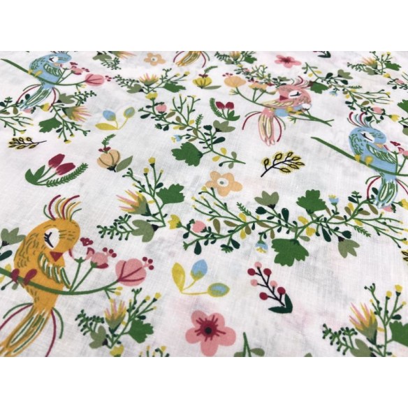 Tela de algodón - Loros y flores en blanco
