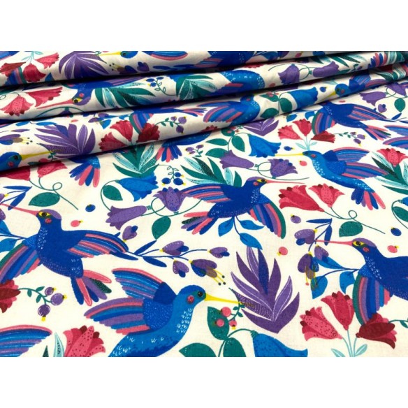 Tela de algodón - Flores y colibrí Azul aciano