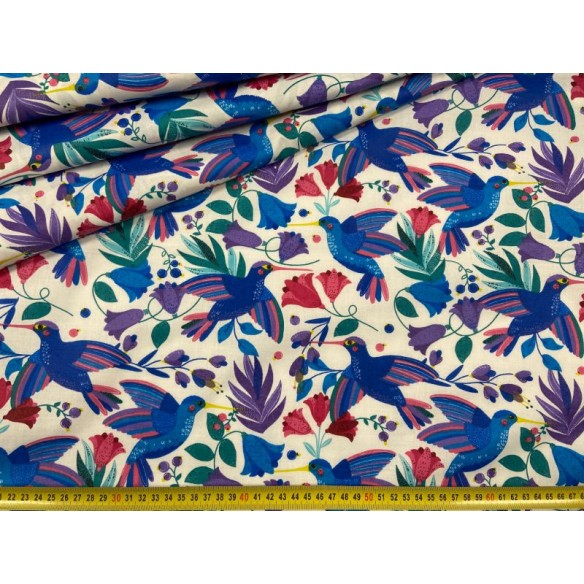 Tela de algodón - Flores y colibrí Azul aciano