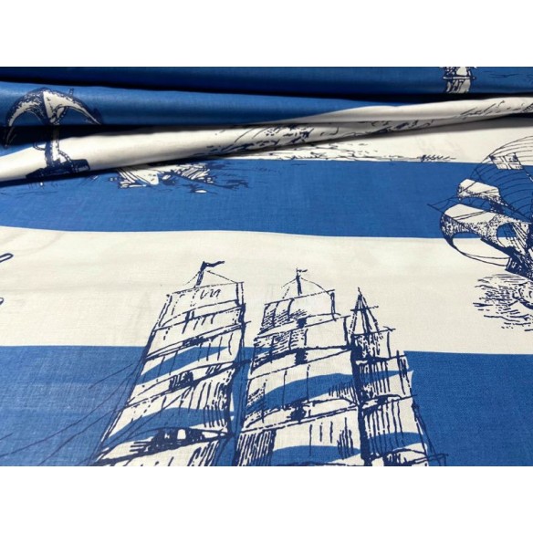 Tela de algodón - Barcos Rayas blancas y azules